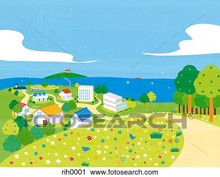 An illustration of a seaside village View Large Illustration Clip Art - An illustration of a seaside village. Fotosearch