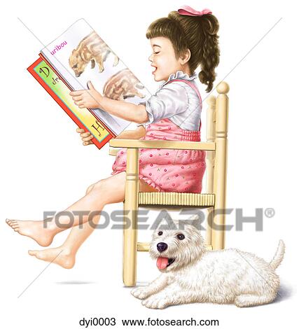 Drawing - An illustration of a young girl reading a picture story book. Fotosearch