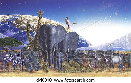 An illustration of African animals with a world globe in the background View Large Illustration Clipart - An illustration of African animals with a world globe in the background. Fotosearch