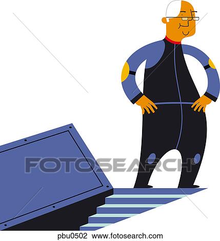 Drawing - An older gentleman at the top of a stair well. Fotosearch