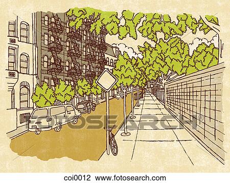 An urban street scene View Large Illustration Drawing - An urban street scene. Fotosearch