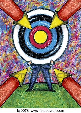 Stock Illustration - Arrows heading towards a hand held bulls eye. Fotosearch
