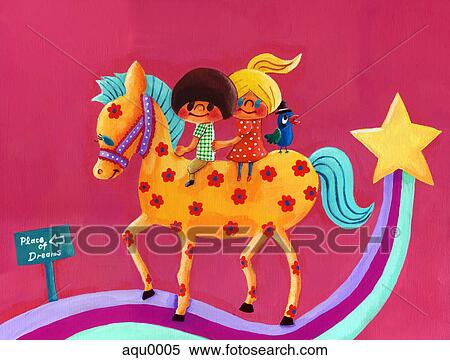 Stock Illustration - Awo children riding a horse across a rainbow. Fotosearch