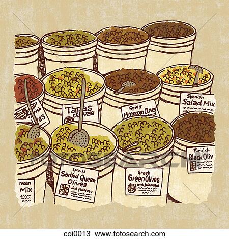 Buckets filled with numerous different types of olives View Large Illustration Drawing - Buckets filled with numerous different types of olives. Fotosearch