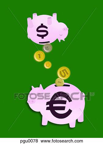 Stock Illustration - Coins transferring from a piggy bank of dollars to one of Euros. Fotosearch