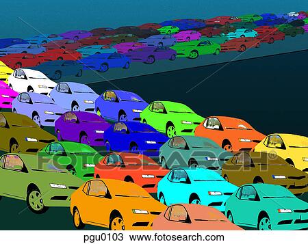 Drawing - Colorful cars in a traffic jam. Fotosearch