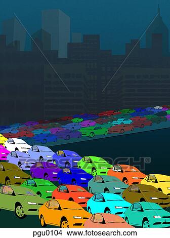Stock Illustration - Colorful cars in a traffic jam. Fotosearch