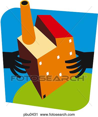 Hands holding a building with a smoke stack on it View Large Illustration Clip Art - Hands holding a building with a smoke stack on it. Fotosearch