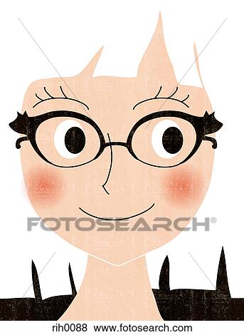 Stock Illustration - Illustrated close up portrait of a young woman wearing cat glasses. Fotosearch