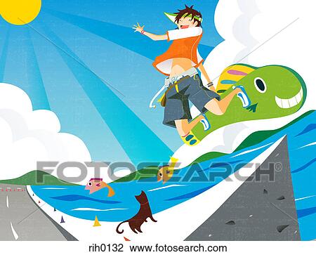 Drawing - Illustration of a boy on a fish shaped skateboard. Fotosearch