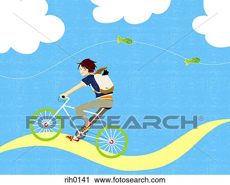 Illustration of a boy riding along a path with a cat in his backpack View Large Illustration Clip Art - Illustration of a boy riding along a path with a cat in his backpack. Fotosearch