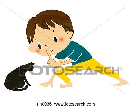 Stock Illustration - Illustration of a boy telling a black cat to be quiet. Fotosearch