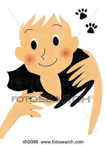 Illustration of a boy with a cat around his neck View Large Illustration Stock Illustration - Illustration of a boy with a cat around his neck. Fotosearch