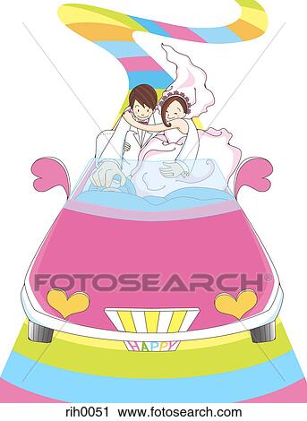 Clip Art - Illustration of a bride and groom driving along a rainbow. Fotosearch