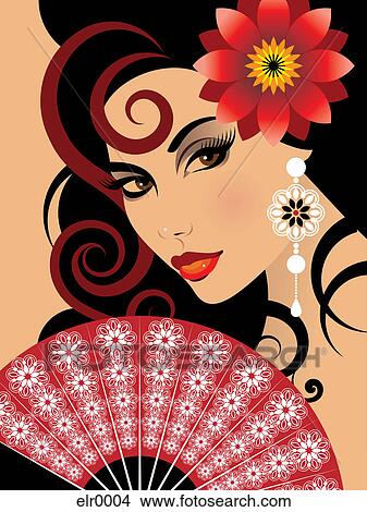 Illustration of a bride with flower in hair holding a fan View Large Illustration Stock Illustration - Illustration of a bride with flower in hair holding a fan. Fotosearch