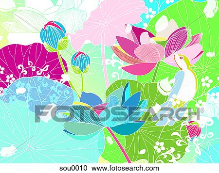 Illustration of a colorful background with flowers and birds View Large Illustration Clipart - Illustration of a colorful background with flowers and birds. Fotosearch