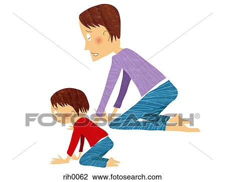 Drawing - Illustration of a father and child sitting on the floor. Fotosearch