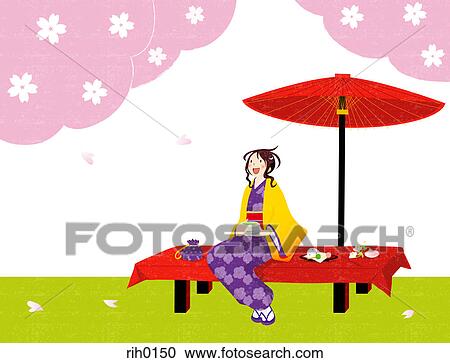 Illustration of a geisha having tea under cherry blossom trees View Large Illustration Clipart - Illustration of a geisha having tea under cherry blossom trees. Fotosearch