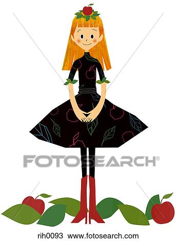 Illustration of a girl wearing an apple dress with an apple hat View Large Illustration Drawing - Illustration of a girl wearing an apple dress with an apple hat. Fotosearch
