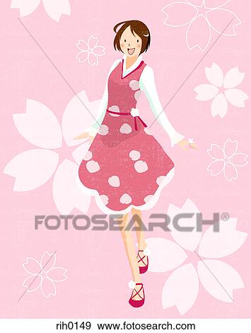 Stock Illustration - Illustration of a happy young girl on a pink floral background. Fotosearch