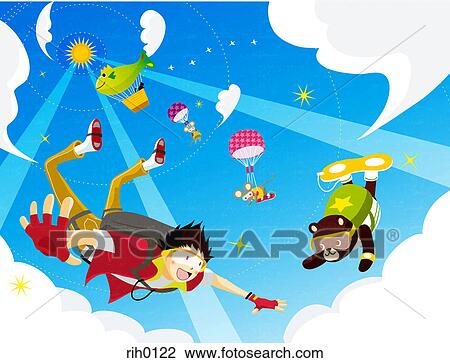 Illustration of a man and teddy bear sky diving View Large Illustration Drawing - Illustration of a man and teddy bear sky diving. Fotosearch