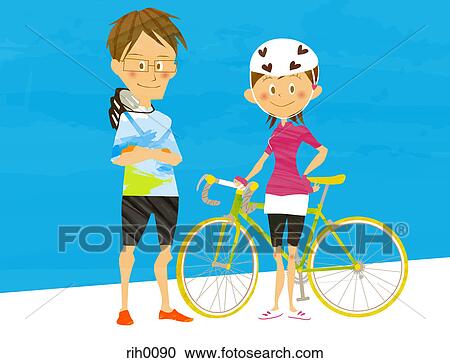 Clipart - Illustration of a man and woman dressed in cycling gear with a racing bike. Fotosearch