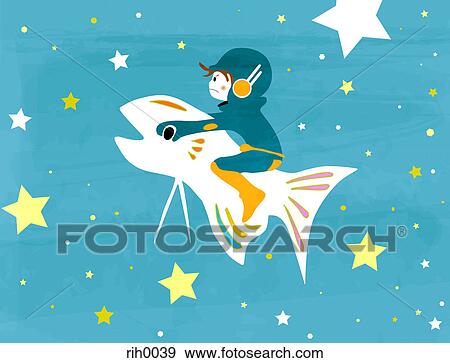 Illustration of a man riding a fish through space View Large Illustration Stock Illustration - Illustration of a man riding a fish through space. Fotosearch