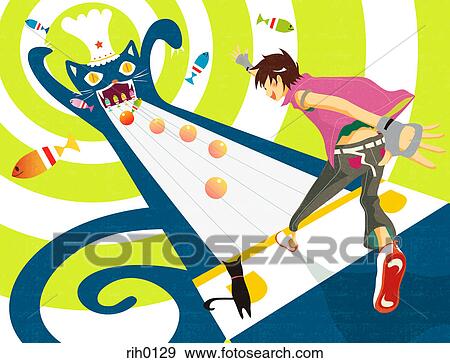 Stock Illustration - Illustration of a man ten pin bowling in a cat alley. Fotosearch