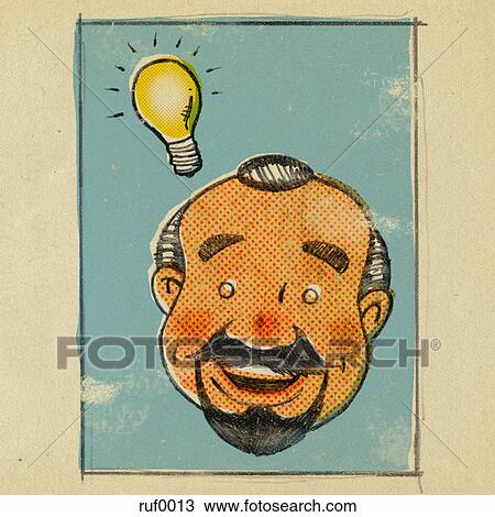 Drawing - Illustration of a man with an illuminated light bulb idea. Fotosearch