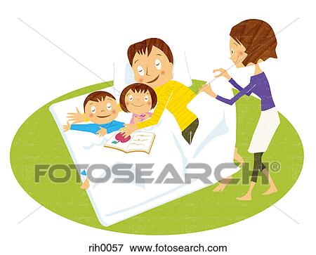 Stock Illustration - Illustration of a mother tucking a father and two children into bed. Fotosearch