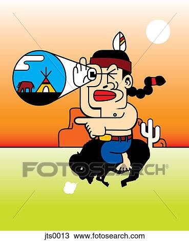 Drawing - Illustration of a native Indian looking through a telescope. Fotosearch