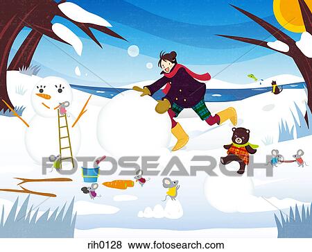 Illustration of a woman and teddy bear making a snowman View Large Illustration Stock Illustration - Illustration of a woman and teddy bear making a snowman. Fotosearch