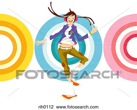 Drawing - Illustration of a woman dancing in front of colored targets. Fotosearch