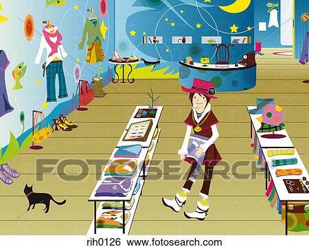 Stock Illustration - Illustration of a woman folding a sweater in a clothes shop. Fotosearch