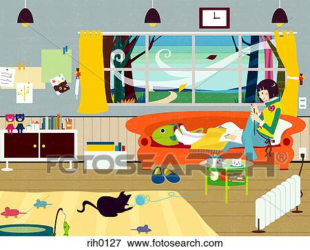 Illustration of a woman on her sofa knitting View Large Illustration Stock Illustration - Illustration of a woman on her sofa knitting. Fotosearch