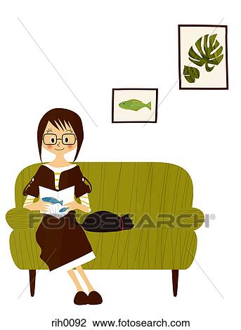 Illustration of a woman reading a fish book with a cat View Large Illustration Drawing - Illustration of a woman reading a fish book with a cat. Fotosearch