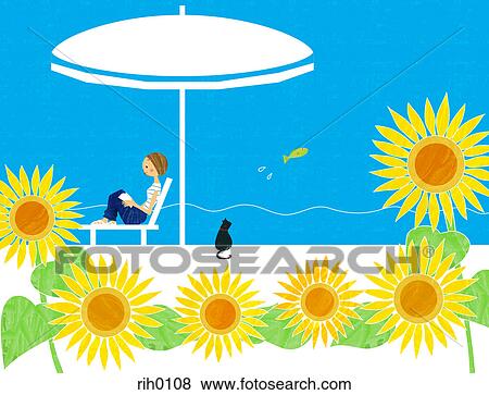 Stock Illustration - Illustration of a woman reading under an umbrella by the sea. Fotosearch