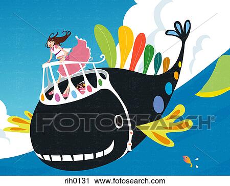 Illustration of a woman riding a flying whale View Large Illustration Clip Art - Illustration of a woman riding a flying whale. Fotosearch