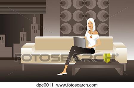 Illustration of a woman sitting on a sofa with a laptop computer View Large Illustration Clip Art - Illustration of a woman sitting on a sofa with a laptop computer. Fotosearch