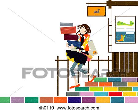 Clipart - Illustration of a woman walking down stairs with a stack of falling boxes. Fotosearch