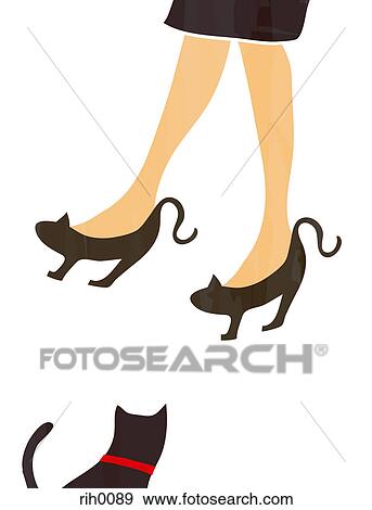 Stock Illustration - Illustration of a woman wearing cat like shoes and a black cat. Fotosearch