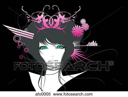 Illustration of a woman with pink motifs surrounding her View Large Illustration Stock Illustration - Illustration of a woman with pink motifs surrounding her. Fotosearch