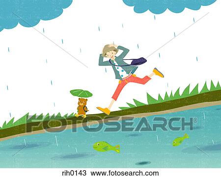 Drawing - Illustration of a young boy and teddy bear running in the rain. Fotosearch