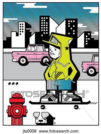 Stock Illustration - Illustration of a young boy skateboarding on the sidewalk. Fotosearch