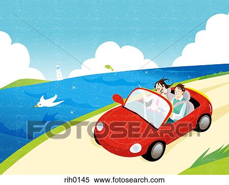 Stock Illustration - Illustration of a young couple driving by the sea side. Fotosearch
