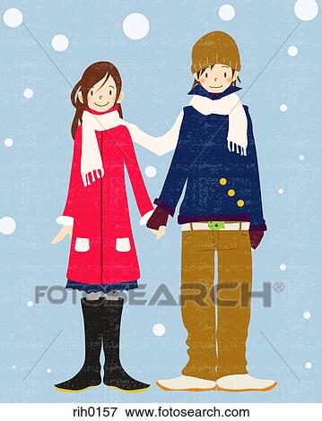 Stock Illustration - Illustration of a young couple holding hands standing in the snow. Fotosearch