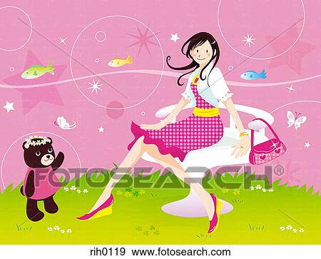 Stock Illustration - Illustration of a young girl and a teddy bear. Fotosearch