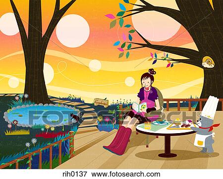 Illustration of a young girl being served food by a small grey bear in a chefs hat View Large Illustration Stock Illustration - Illustration of a young girl being served food by a small grey bear in a chefs hat. Fotosearch