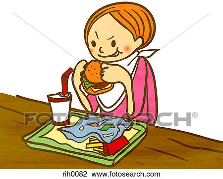 Drawing - Illustration of a young girl eating a hamburger and fries. Fotosearch