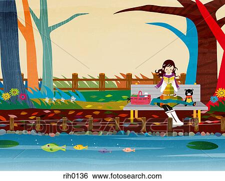 Stock Illustration - Illustration of a young girl reading a book by a fish filled river. Fotosearch